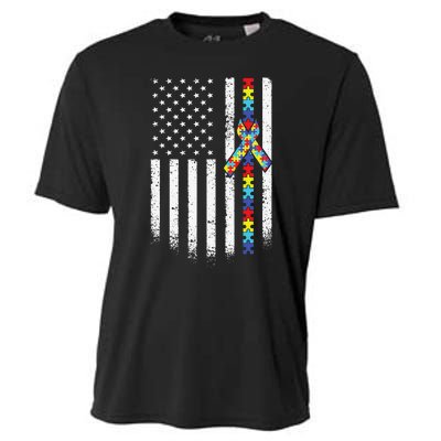 Autism American Flag Puzzle Autism Awareness Gift Cooling Performance Crew T-Shirt