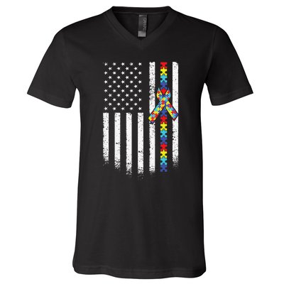 Autism American Flag Puzzle Autism Awareness Gift V-Neck T-Shirt