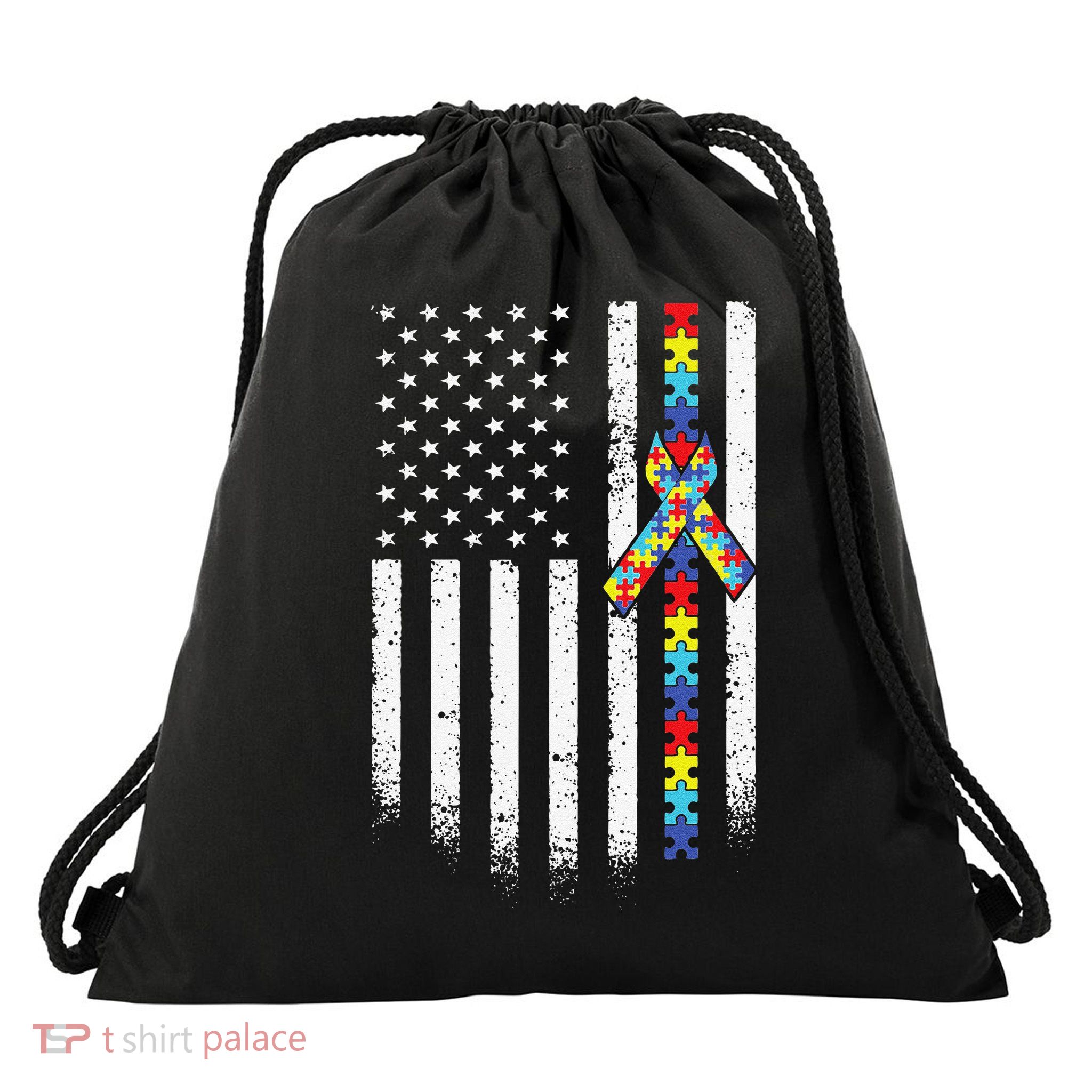 Autism American Flag Puzzle Autism Awareness Gift Drawstring Bag