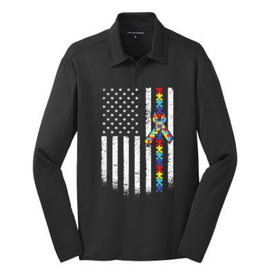 Autism American Flag Puzzle Autism Awareness Gift Silk Touch Performance Long Sleeve Polo