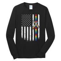 Autism American Flag Puzzle Autism Awareness Gift Tall Long Sleeve T-Shirt