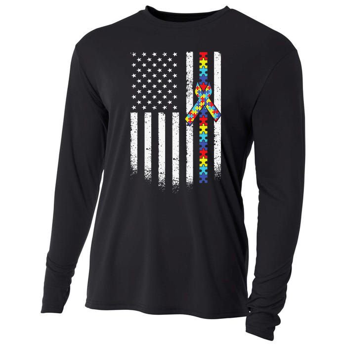 Autism American Flag Puzzle Autism Awareness Gift Cooling Performance Long Sleeve Crew