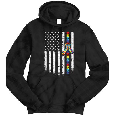 Autism American Flag Puzzle Autism Awareness Gift Tie Dye Hoodie