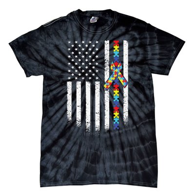 Autism American Flag Puzzle Autism Awareness Gift Tie-Dye T-Shirt