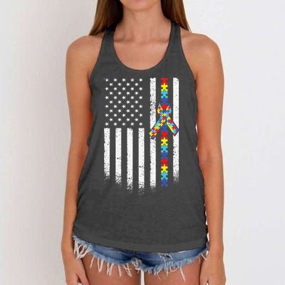 Autism American Flag Puzzle Autism Awareness Gift Women's Knotted Racerback Tank