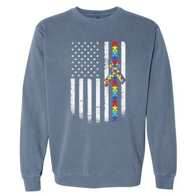 Autism American Flag Puzzle Autism Awareness Gift Garment-Dyed Sweatshirt