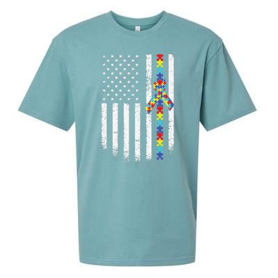 Autism American Flag Puzzle Autism Awareness Gift Sueded Cloud Jersey T-Shirt