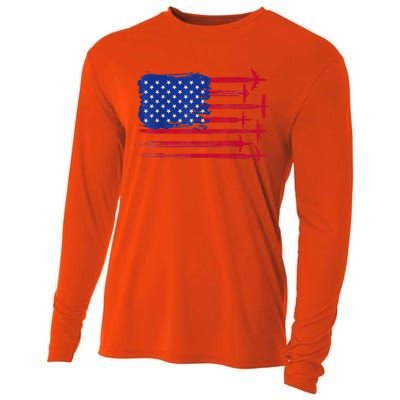 Aircraft American Flag Airplane Pilot 4Th Of July Aviation Gift Cooling Performance Long Sleeve Crew