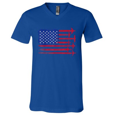 Aircraft American Flag Airplane Pilot 4Th Of July Aviation Gift V-Neck T-Shirt