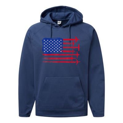 Aircraft American Flag Airplane Pilot 4Th Of July Aviation Gift Performance Fleece Hoodie