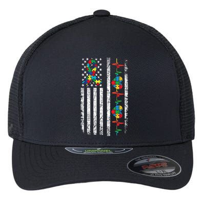 Autism American Flag Autistic Awareness Warrior Support Gift Flexfit Unipanel Trucker Cap