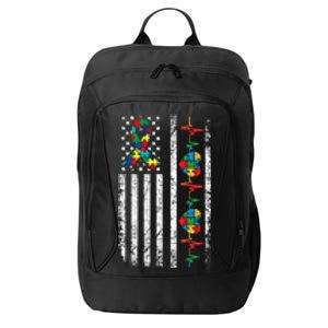 Autism American Flag Autistic Awareness Warrior Support Gift City Backpack