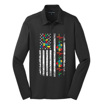 Autism American Flag Autistic Awareness Warrior Support Gift Silk Touch Performance Long Sleeve Polo