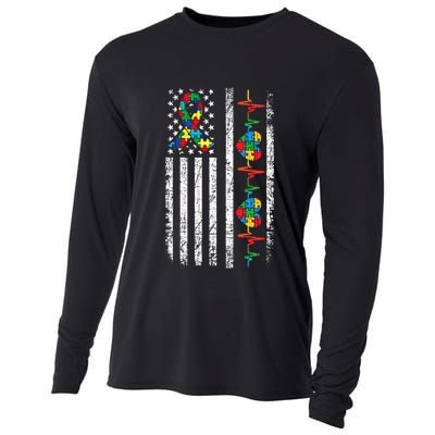 Autism American Flag Autistic Awareness Warrior Support Gift Cooling Performance Long Sleeve Crew