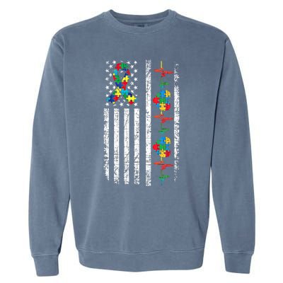 Autism American Flag Autistic Awareness Warrior Support Gift Garment-Dyed Sweatshirt