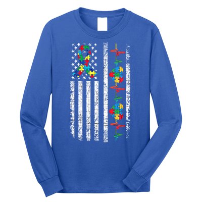 Autism American Flag Autistic Awareness Warrior Support Gift Long Sleeve Shirt