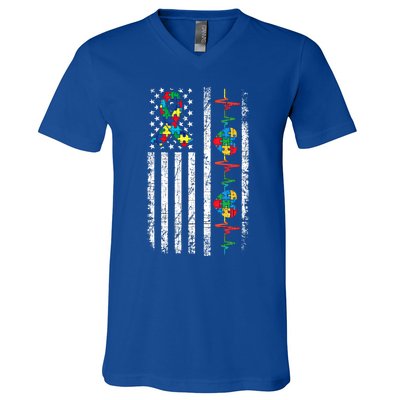 Autism American Flag Autistic Awareness Warrior Support Gift V-Neck T-Shirt