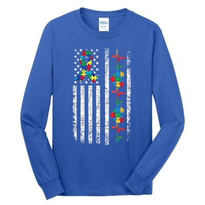 Autism American Flag Autistic Awareness Warrior Support Gift Tall Long Sleeve T-Shirt