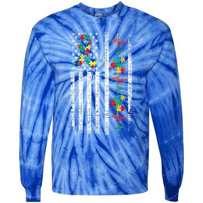 Autism American Flag Autistic Awareness Warrior Support Gift Tie-Dye Long Sleeve Shirt