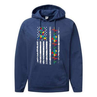 Autism American Flag Autistic Awareness Warrior Support Gift Performance Fleece Hoodie