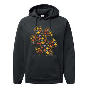 Autism Awareness Fall Leaf Autumn Thanksgiving Puzzle Piece Performance Fleece Hoodie