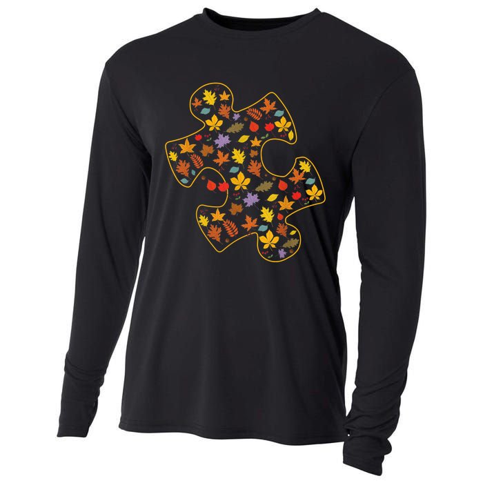 Autism Awareness Fall Leaf Autumn Thanksgiving Puzzle Piece Cooling Performance Long Sleeve Crew