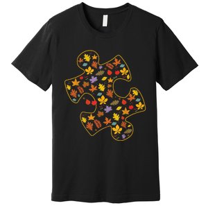 Autism Awareness Fall Leaf Autumn Thanksgiving Puzzle Piece Premium T-Shirt