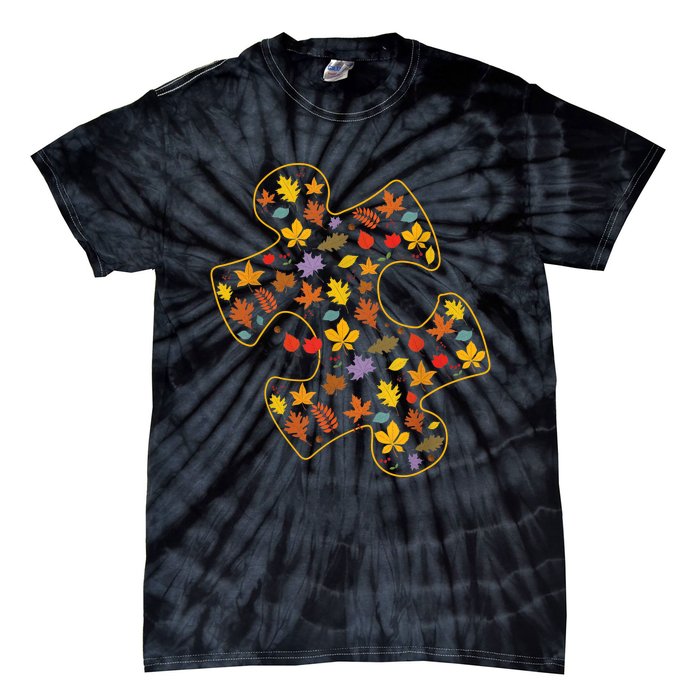 Autism Awareness Fall Leaf Autumn Thanksgiving Puzzle Piece Tie-Dye T-Shirt