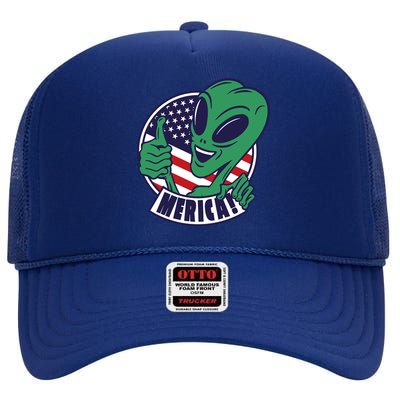 Alien American Flag Funny Merica High Crown Mesh Back Trucker Hat