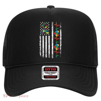 Autism American Flag Autistic Awareness Warrior Support Gift High Crown Mesh Back Trucker Hat