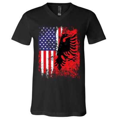 Albanian American Flag Patriotic Usa Albania Flag V-Neck T-Shirt