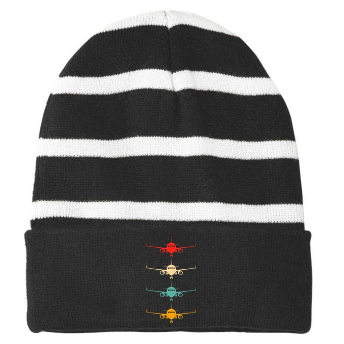 Aviation Airplane Flying Airline Funny Vintage Pilot Striped Beanie with Solid Band