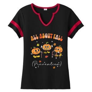 All About Fall Prevention Physical Therapy Funny Pumpkin Gift Ladies Halftime Notch Neck Tee