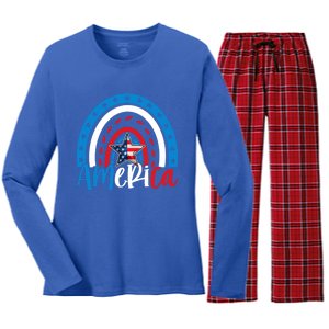 America American Flag Patriotic 4th Of July Rainbow Meaningful Gift Women's Long Sleeve Flannel Pajama Set 