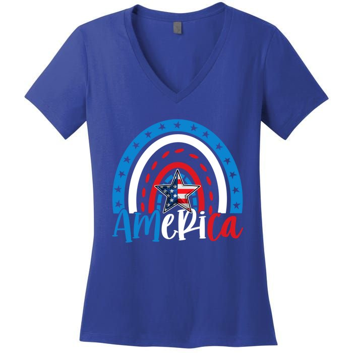 America American Flag Patriotic 4th Of July Rainbow Meaningful Gift Women's V-Neck T-Shirt