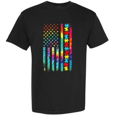 Autism American Flag Tie Dye Autism Awareness Garment-Dyed Heavyweight T-Shirt