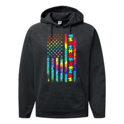 Autism American Flag Tie Dye Autism Awareness Performance Fleece Hoodie