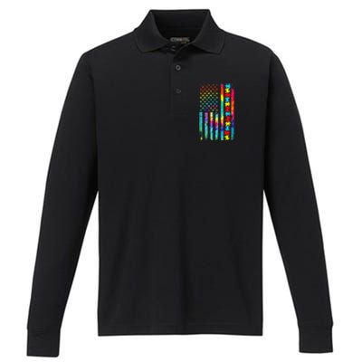 Autism American Flag Tie Dye Autism Awareness Performance Long Sleeve Polo