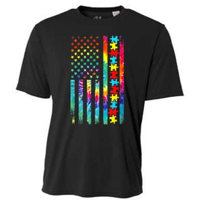 Autism American Flag Tie Dye Autism Awareness Cooling Performance Crew T-Shirt