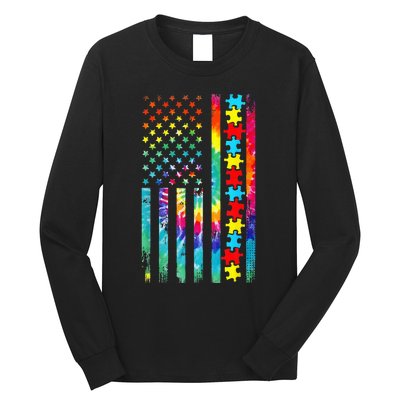 Autism American Flag Tie Dye Autism Awareness Long Sleeve Shirt