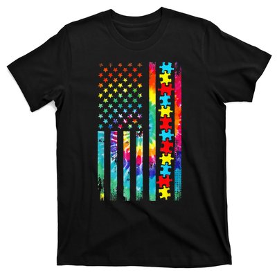 Autism American Flag Tie Dye Autism Awareness T-Shirt