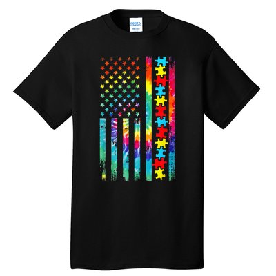 Autism American Flag Tie Dye Autism Awareness Tall T-Shirt