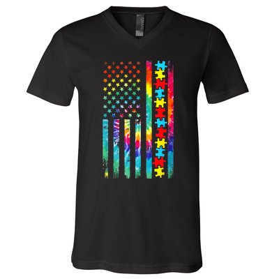 Autism American Flag Tie Dye Autism Awareness V-Neck T-Shirt