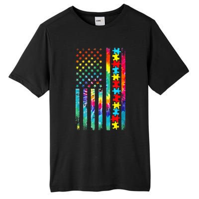 Autism American Flag Tie Dye Autism Awareness Tall Fusion ChromaSoft Performance T-Shirt