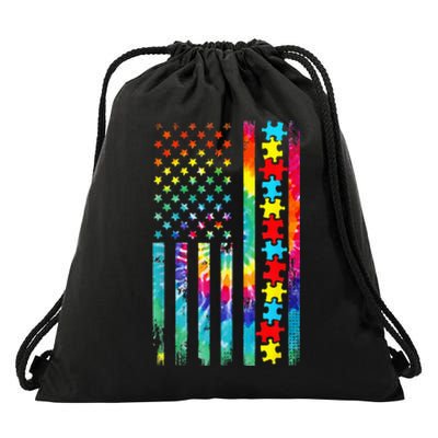 Autism American Flag Tie Dye Autism Awareness Drawstring Bag