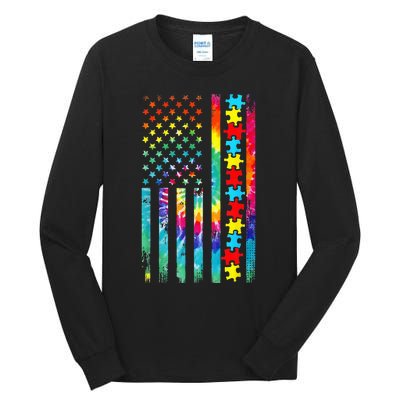 Autism American Flag Tie Dye Autism Awareness Tall Long Sleeve T-Shirt