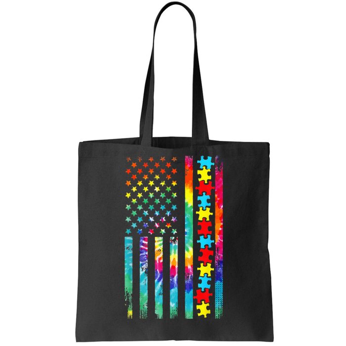 Autism American Flag Tie Dye Autism Awareness Tote Bag