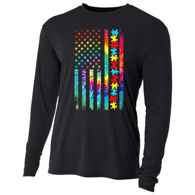 Autism American Flag Tie Dye Autism Awareness Cooling Performance Long Sleeve Crew