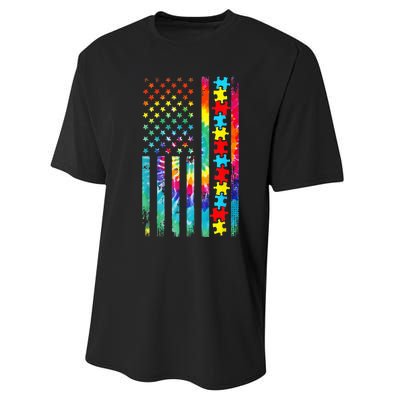 Autism American Flag Tie Dye Autism Awareness Performance Sprint T-Shirt