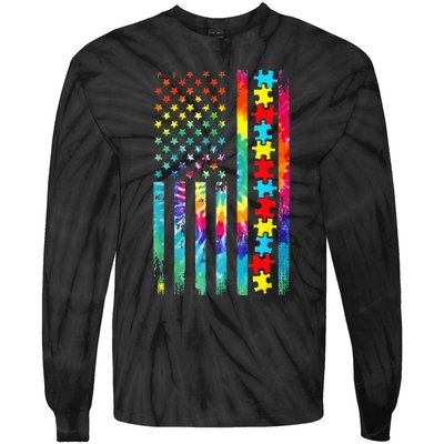 Autism American Flag Tie Dye Autism Awareness Tie-Dye Long Sleeve Shirt